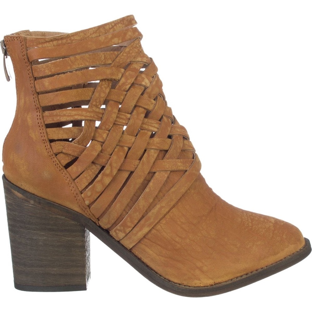 Free People Carrera Boots Brown Leather Woven Booties with Stacked Heel 38 - NIB